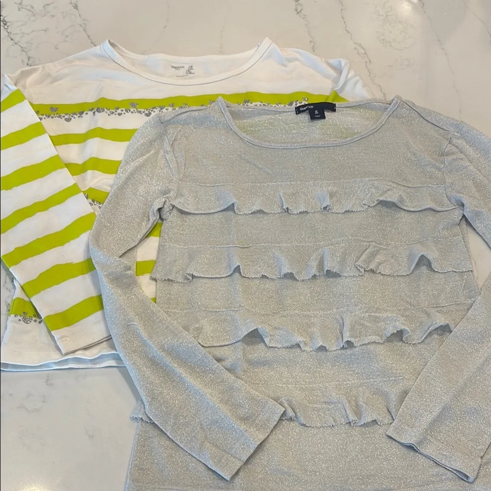 GAP Silver and White Long Sleeve Tees with Ruffle Details